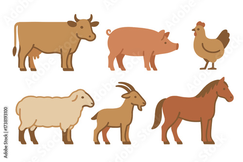 Collection of common farm animals including cow, pig, chicken, sheep, goat, and horse