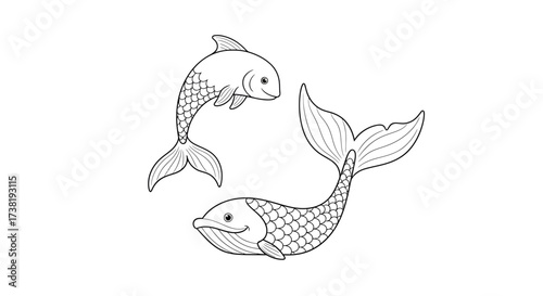 Delightful aquatic duo: Stylized fish illustration with intricate scale details and flowing lines