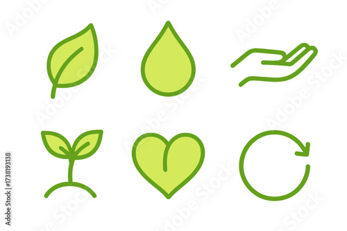 Green symbols for nature, water, growth, care, and recycling in environmental themes