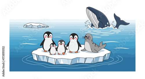 Delightful arctic scene with playful penguins, a cheerful seal, and a breaching whale illustration