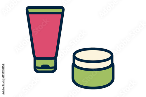 Beauty product packaging with a pink tube and green cream jar for skincare