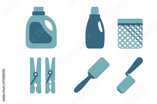 Essential household laundry supplies and cleaning tools for daily chores and home maintenance