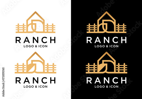farm and agriculture logo icon vector design with barn and leaves