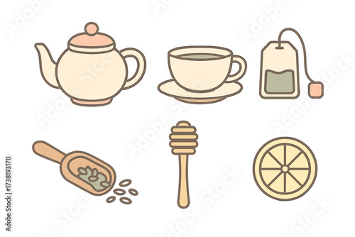 Collection of tea time essentials including teapot, cup, tea bag, honey dipper, and lemon