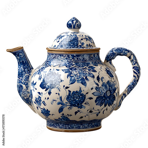 Antique blue and white porcelain teapot with floral design