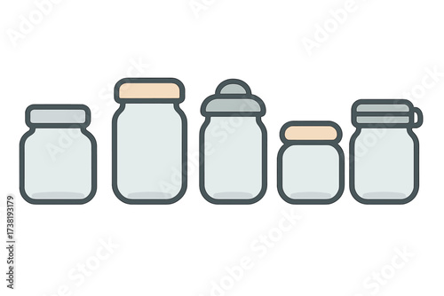 Empty glass jars with colorful lids in various shapes and sizes for storage
