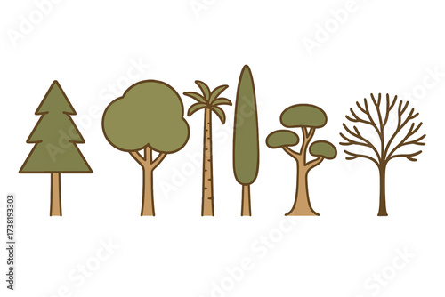 Collection of stylized trees with diverse shapes and foliage representing different natural environments