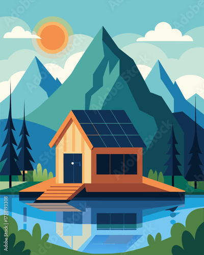A serene lakeside cabin powered entirely by solar energy providing a quiet and environmentallyconscious escape from the chaos of the city.. Vector illustration