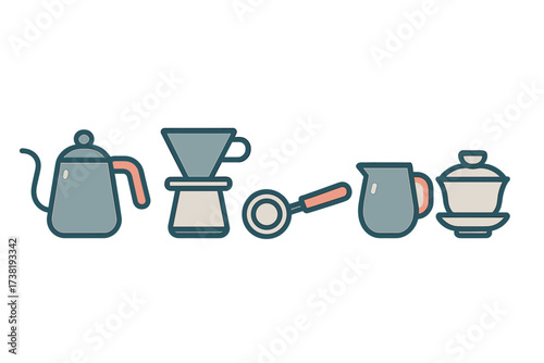 Various coffee and tea preparation tools and accessories for brewing and serving hot beverages