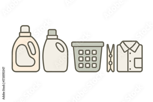 Household laundry items including detergent bottles, a basket, clothespin, and folded shirt