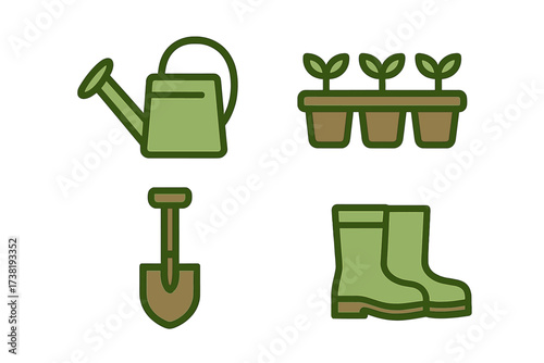 Gardening tools and equipment set with watering can, seedlings, shovel, and boots