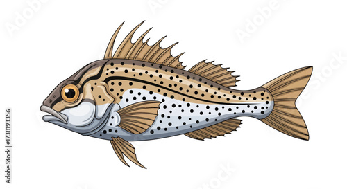 Detailed artistic illustration of a brown spotted fish swimming on a white background