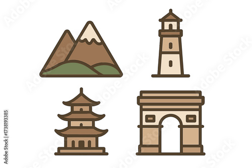 Diverse travel destination icons featuring mountains, a lighthouse, pagoda, and triumphal arch