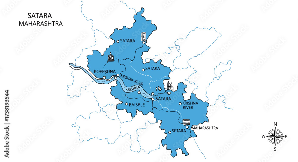Fototapeta premium Detailed vector map of Satara district, Maharashtra, showcasing regions and river flow