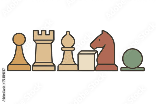 Classic chess game pieces and abstract board game elements arranged in a line