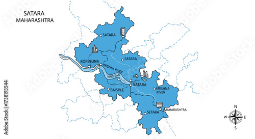 Detailed vector map of Satara district, Maharashtra, showcasing regions and river flow