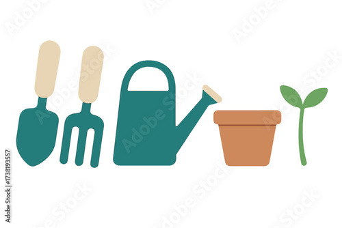 Essential gardening tools with a watering can, plant pot, and young sprout