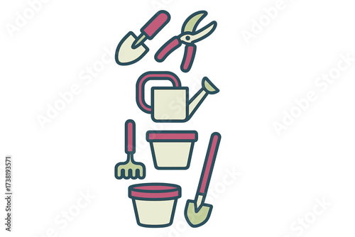 Collection of essential gardening tools and equipment for planting and cultivation