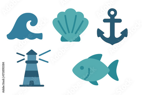 Collection of nautical and marine themed icons including wave, shell, anchor, lighthouse, and fish