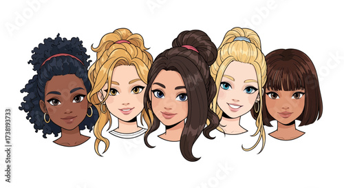 Diversity and beauty illustrated showcasing a collection of young women with varied hairstyles