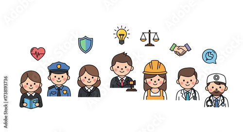 Diverse workforce illustration representing various professions and community service roles