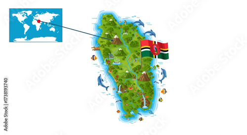Dominica's vibrant travel map with national flag highlighting diverse attractions and wildlife