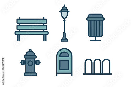 Set of essential urban street furniture and public utility elements for city infrastructure