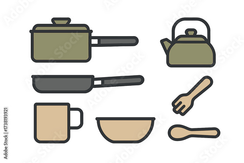 Assortment of essential kitchenware and dining utensils for cooking and serving