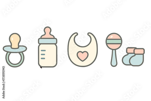 Collection of essential baby items including pacifier, bottle, bib, rattle, and booties