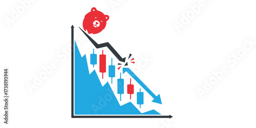 A red piggy bank tumbles down a downward trending stock market graph, signifying financial loss and economic decline.