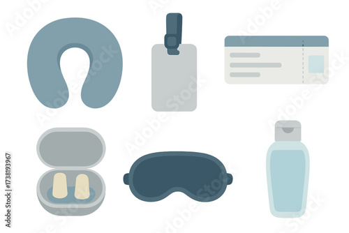 Essential travel accessories for a comfortable journey including pillow, mask, and earplugs