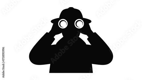 Silhouette of a person wearing a hat and looking through binoculars
