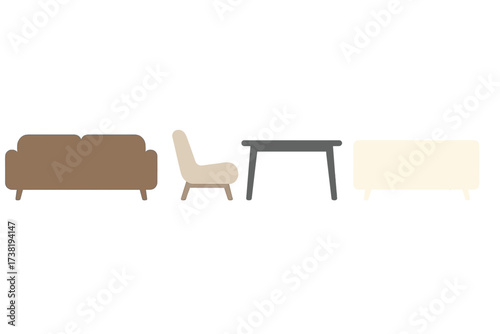 Modern living room furniture set with sofa, armchair, table, and cabinet