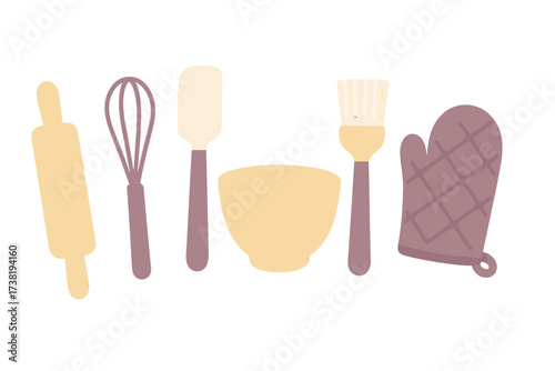 Collection of essential baking tools and kitchen utensils for cooking and pastry preparation