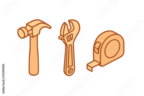 Essential construction and repair tools set including hammer, wrench, and tape measure