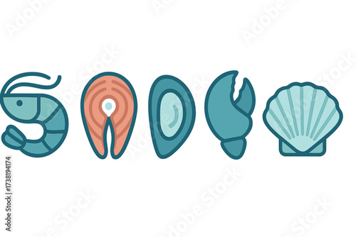 Variety of fresh seafood elements: shrimp, salmon, mussel, crab claw, and scallop