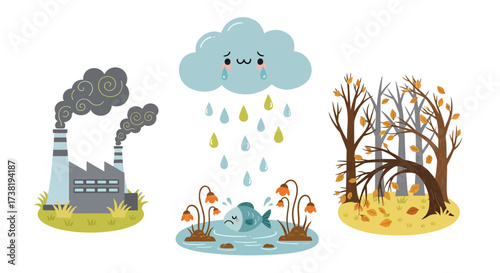 Environmental decline shown through pollution factory, sad cloud, dead fish, and dying trees