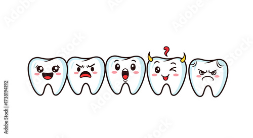Expressive dental lineup: a playful cartoon depicting various moods of animated teeth