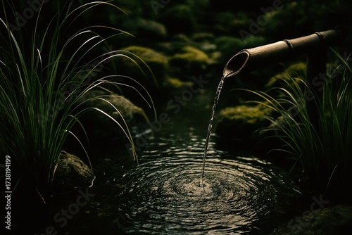 A Japanese garden pond with bamboo water spout trickling into it, surrounded by tall green grasses swaying lightly in the breeze.