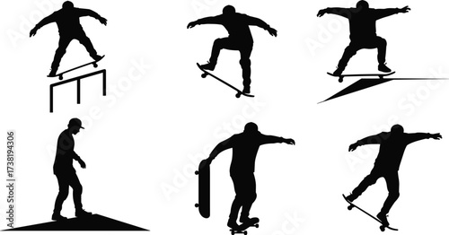 Silhouette skateboarders performing tricks, jumps, grinds, and stunts on ramps and rails, extreme sports vector illustration for urban lifestyle design