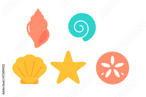 Collection of colorful seashells starfish and sand dollar in a vibrant flat design style