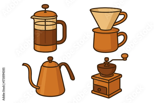 Collection of essential coffee brewing equipment including French press and pour over dripper