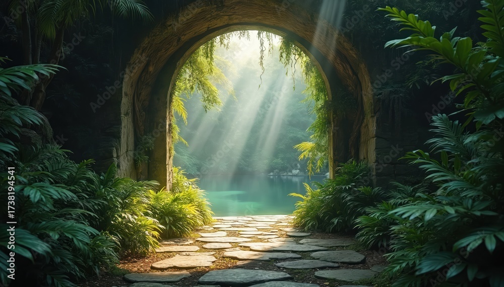 Obraz premium Stone archway leads to tranquil blue lake, sunbeams pierce dense jungle foliage. Path of flat stones winds through rich green plants and trees. Peaceful, mystical forest scene.