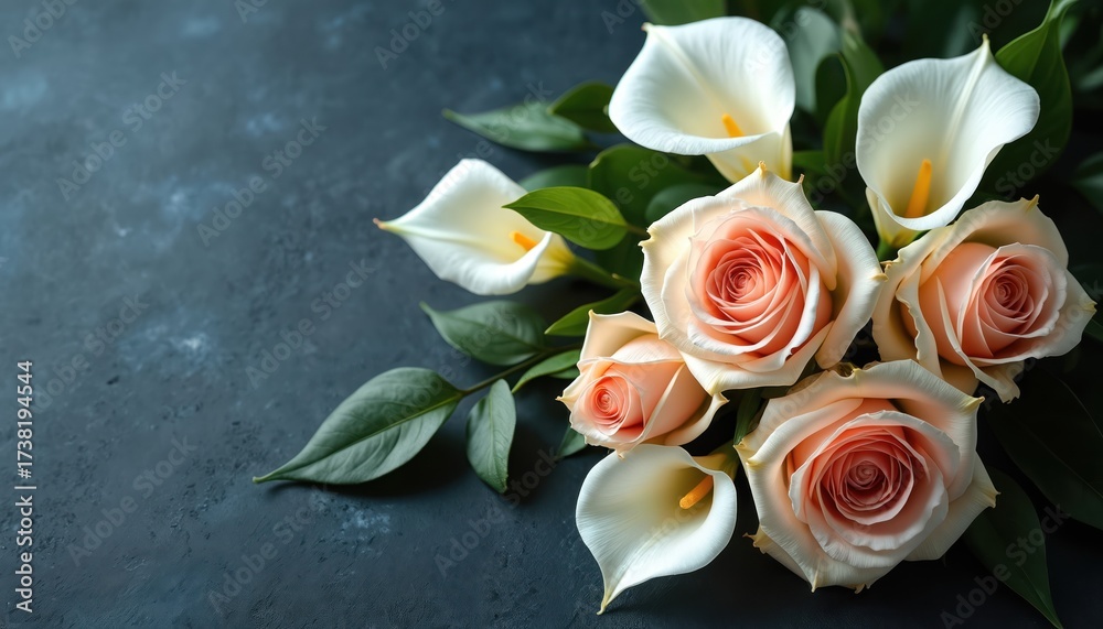 Obraz premium Elegant flowers bouquet of roses and calla lilies lies on dark blue backdrop. Floral gift for wedding anniversary. Festive romantic fresh blooms background. Sympathy template with rose and lily.