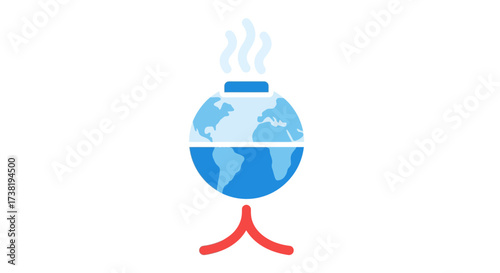 Global warming concept with a globe appearing as a heated cooking pot emitting steam on a white