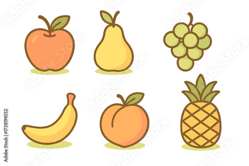 Collection of fresh colorful fruits including apple, pear, grapes, banana, peach, and pineapple