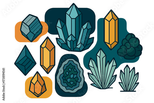 Assortment of vibrant faceted gemstones and natural crystal formations with geodes
