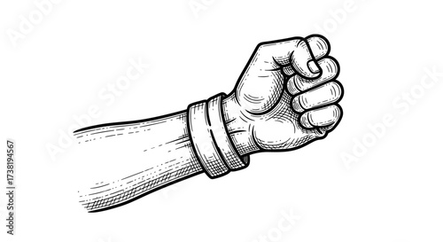 Hand drawn clenched fist symbol with crosshatch style illustration on white background