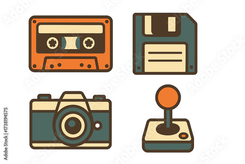 Retro technology icons set with cassette, floppy disk, camera, and joystick