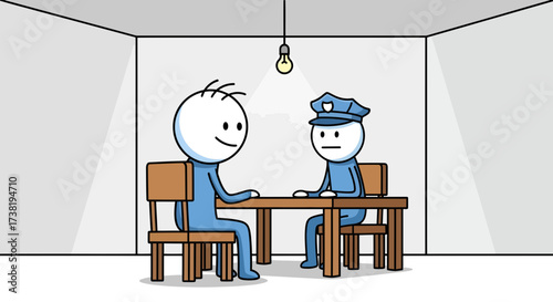 Humorous stick figure interrogation scene featuring a cheerful suspect and an indifferent officer